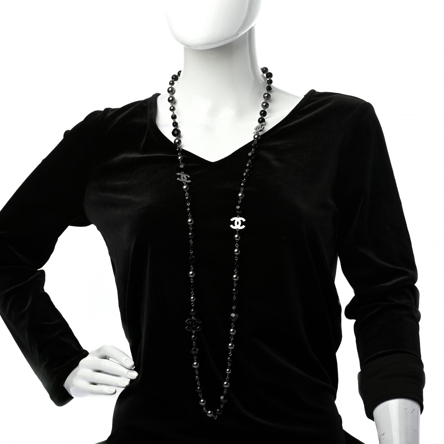 Ruthenium Pearl Beaded CC Long Necklace Black