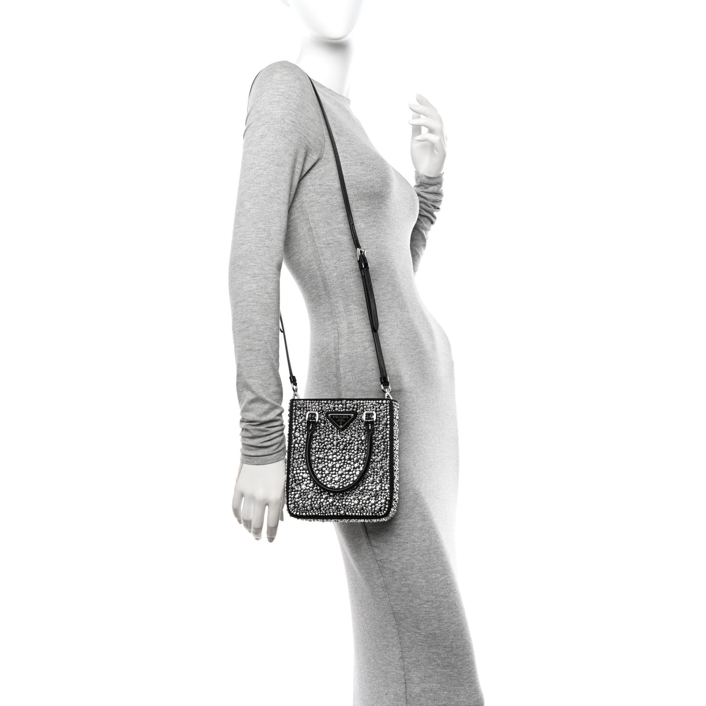 Satin Crystal Metal Triangle Logo Small Double Handle Crossbody Tote Metal