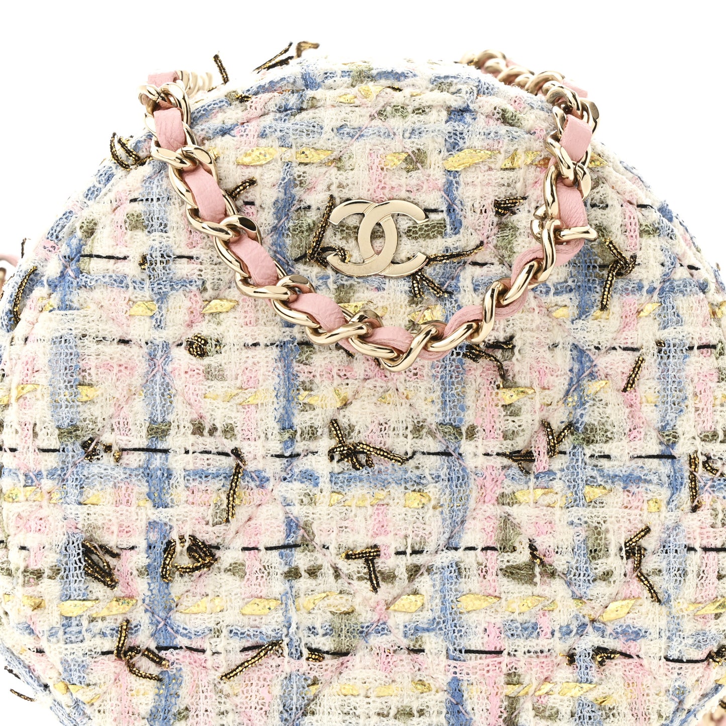 Tweed Quilted Round Clutch With Chain White Pink Multicolor