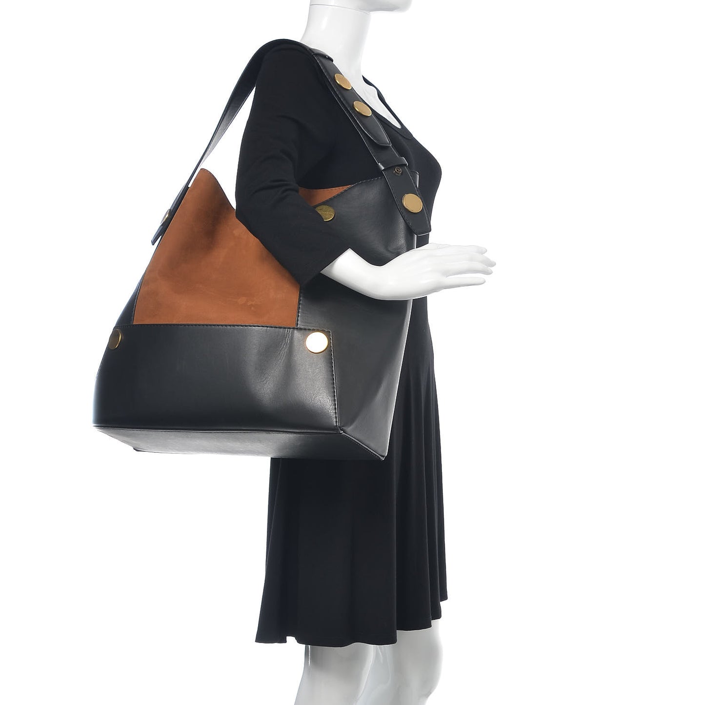 Textured Eco Alter Nappa Suede Studded Large Bucket Bag Black Tan