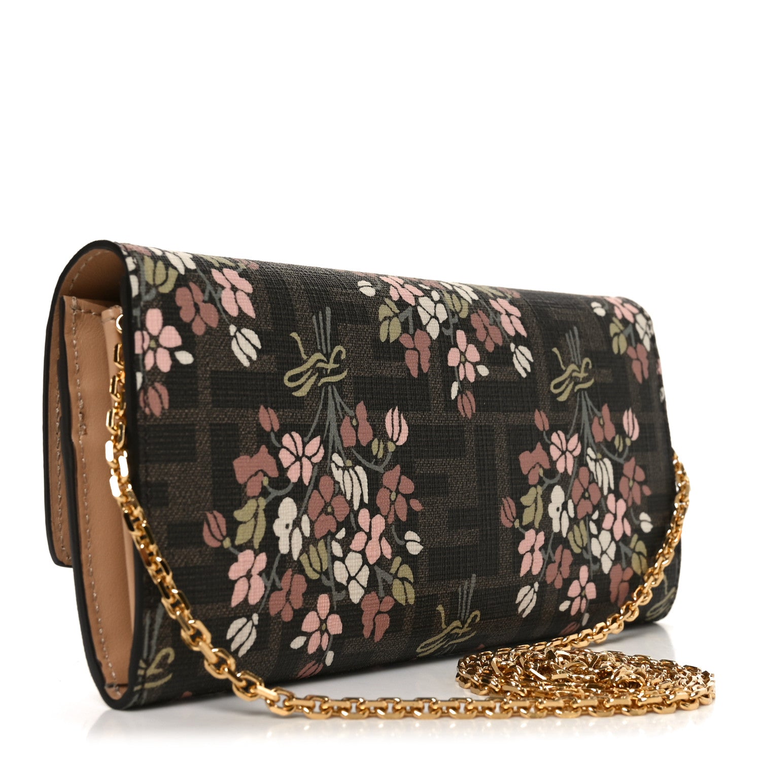 Fendi Fabric Jacquard FF 1974 Bouquet Print Continental Wallet On Chain Gold Tobacco Brown 3 of 11