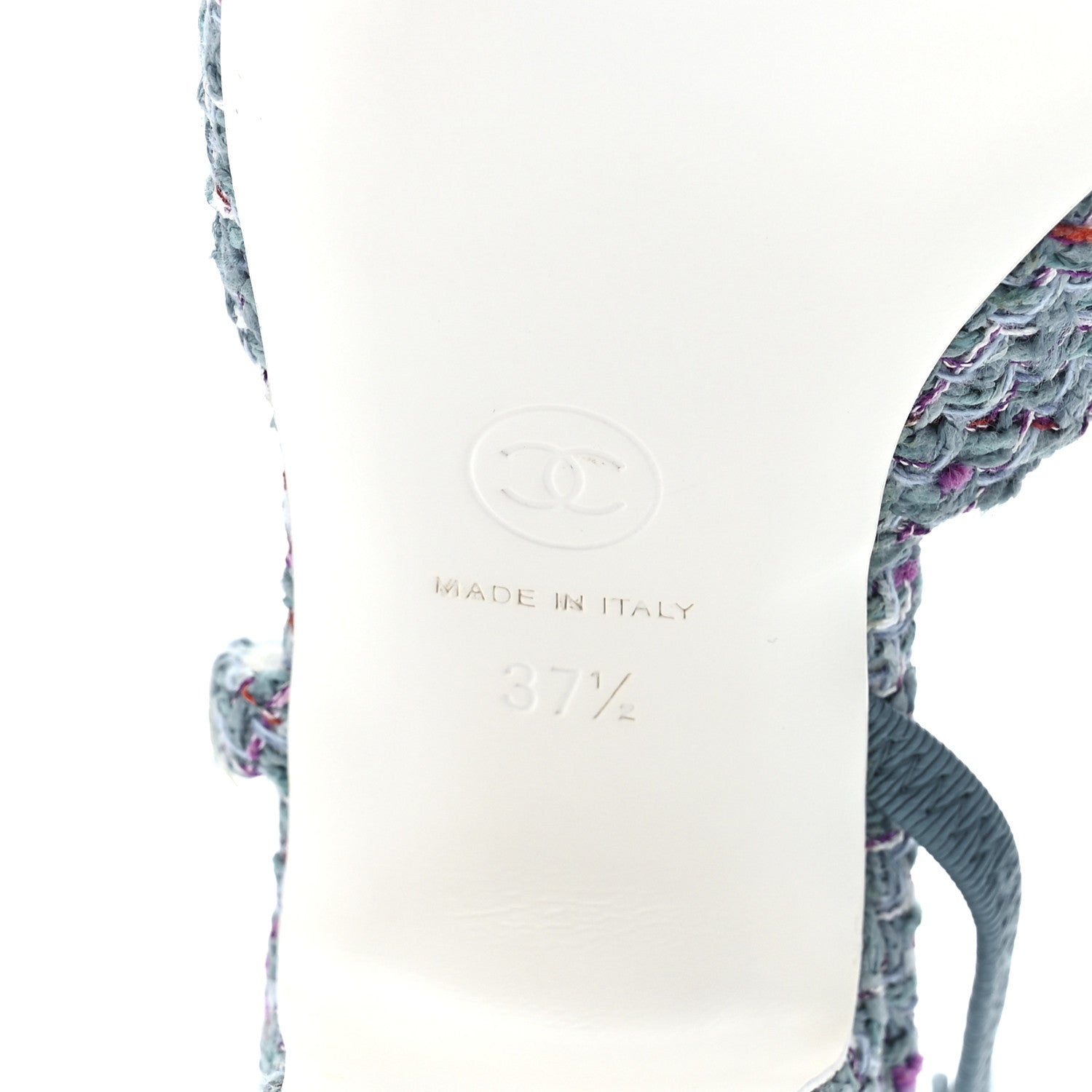 Chanel Tweed Patent Cap Toe CC Slingback Pumps 37.5 Turquoise Purple White 5 of 8