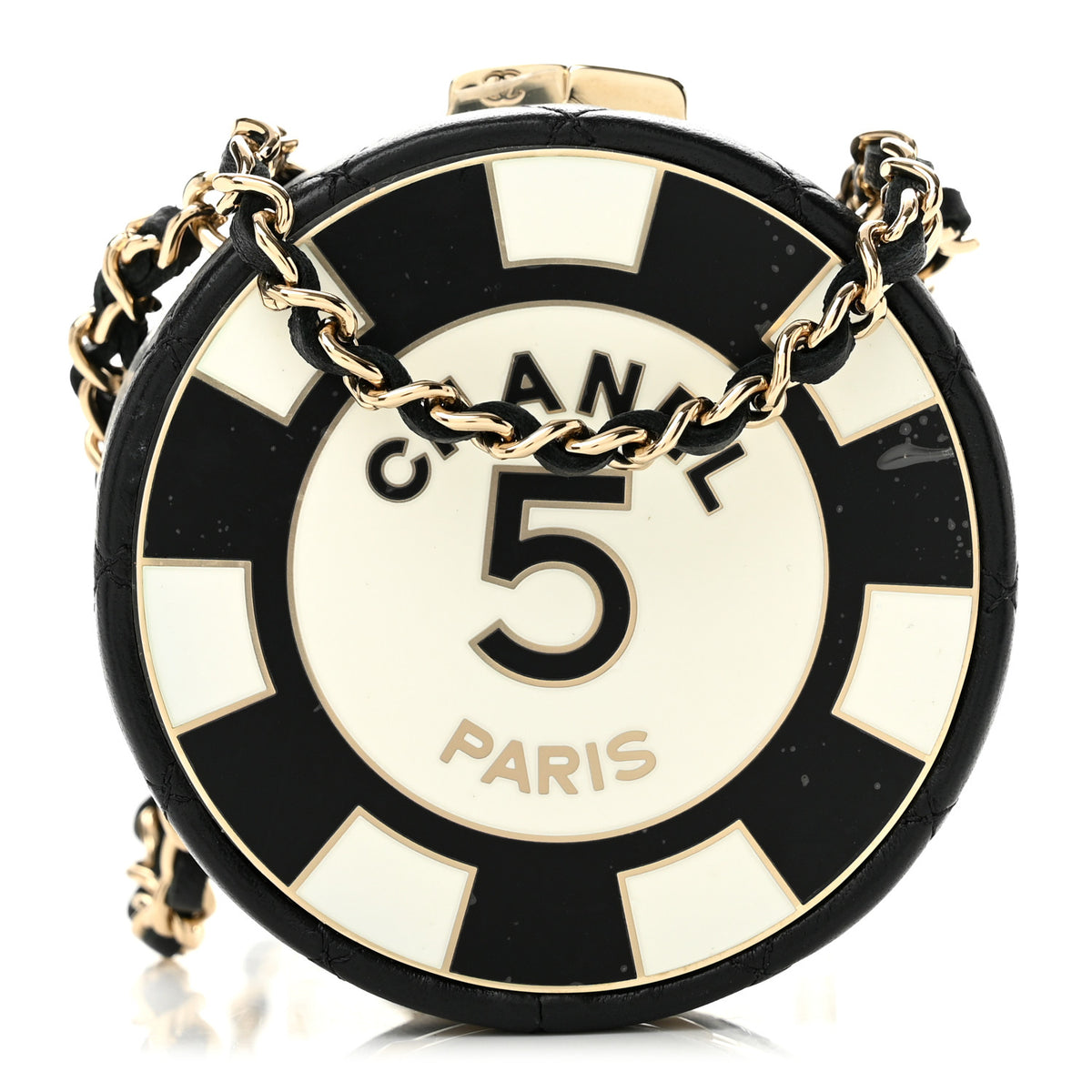 Chanel Lambskin Enamel Quilted Round Poker Chip Clutch With Chain Black White 1 of 11