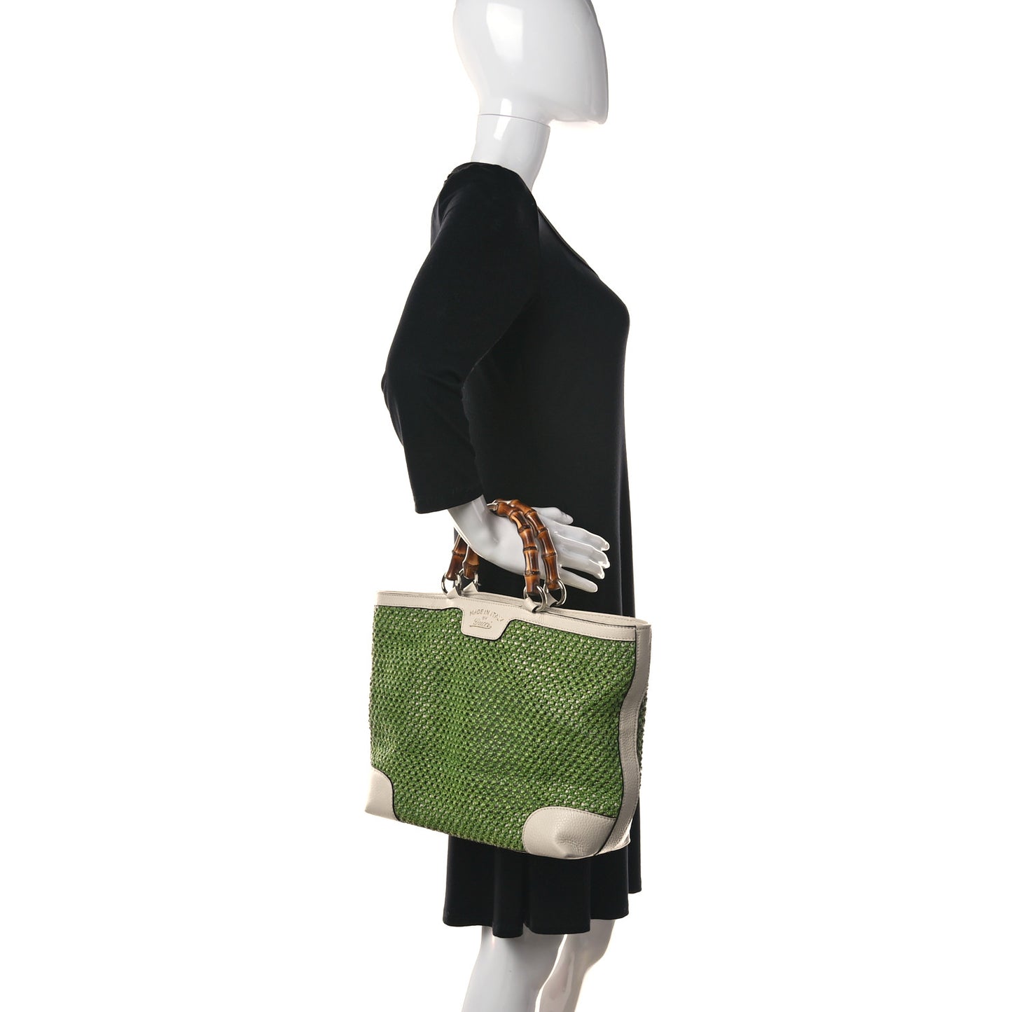 Straw Calfskin Bamboo Shopper Tote Green