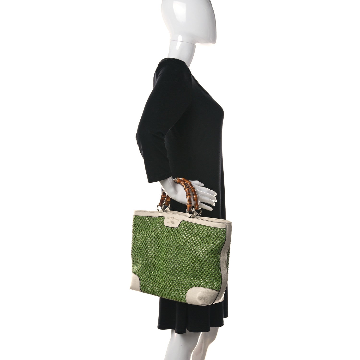 Gucci Straw Calfskin Bamboo Shopper Tote Green 2 of 17