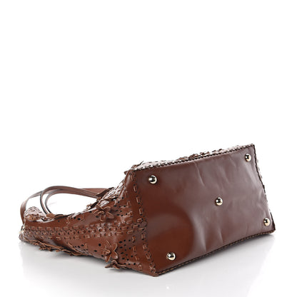 Valentino Garavani Calfskin Punched Lace Floral Tote Cognac 5 of 10