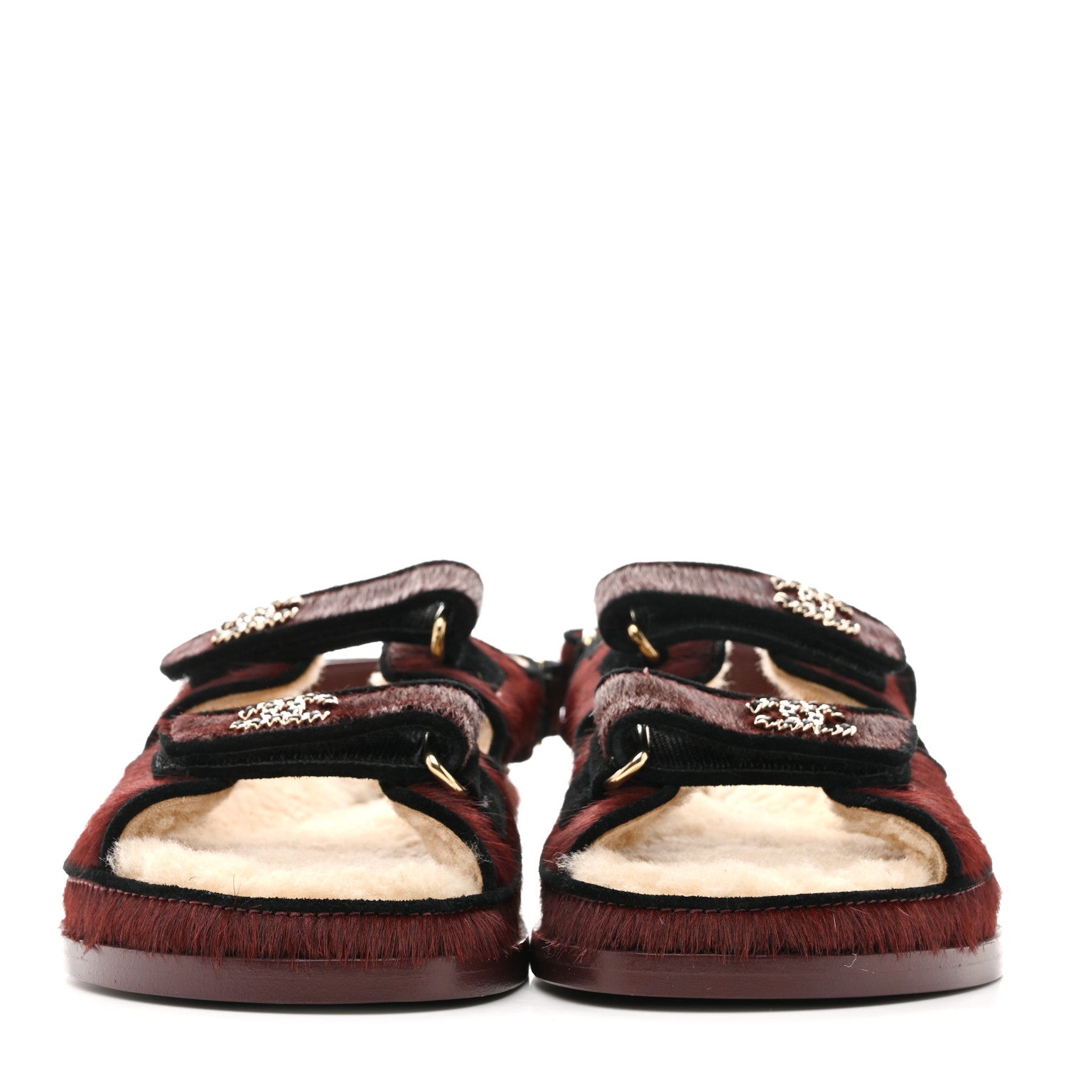 Chanel Calf Hair Suede Shearling Dad Sandals 36 Burgundy Black 3 of 10