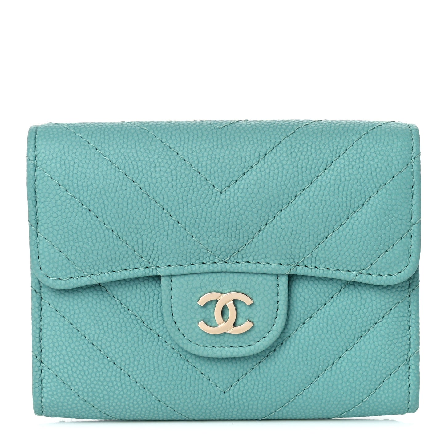 Caviar Flat Chevron Quilted Card Holder Wallet Green