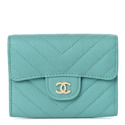 Chanel Caviar Flat Chevron Quilted Card Holder Wallet Green 1 of 10