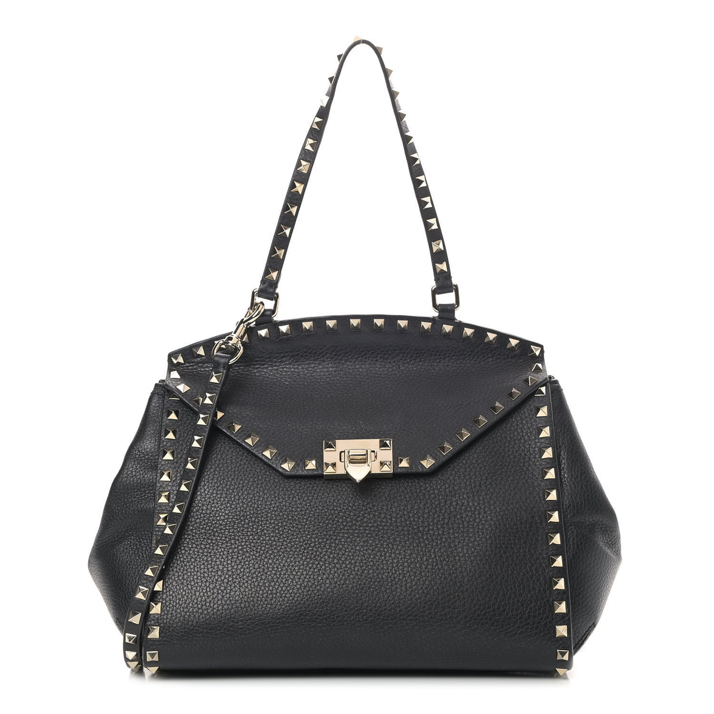 Grainy Calfskin Rockstud Single Handle Flap Bag Black