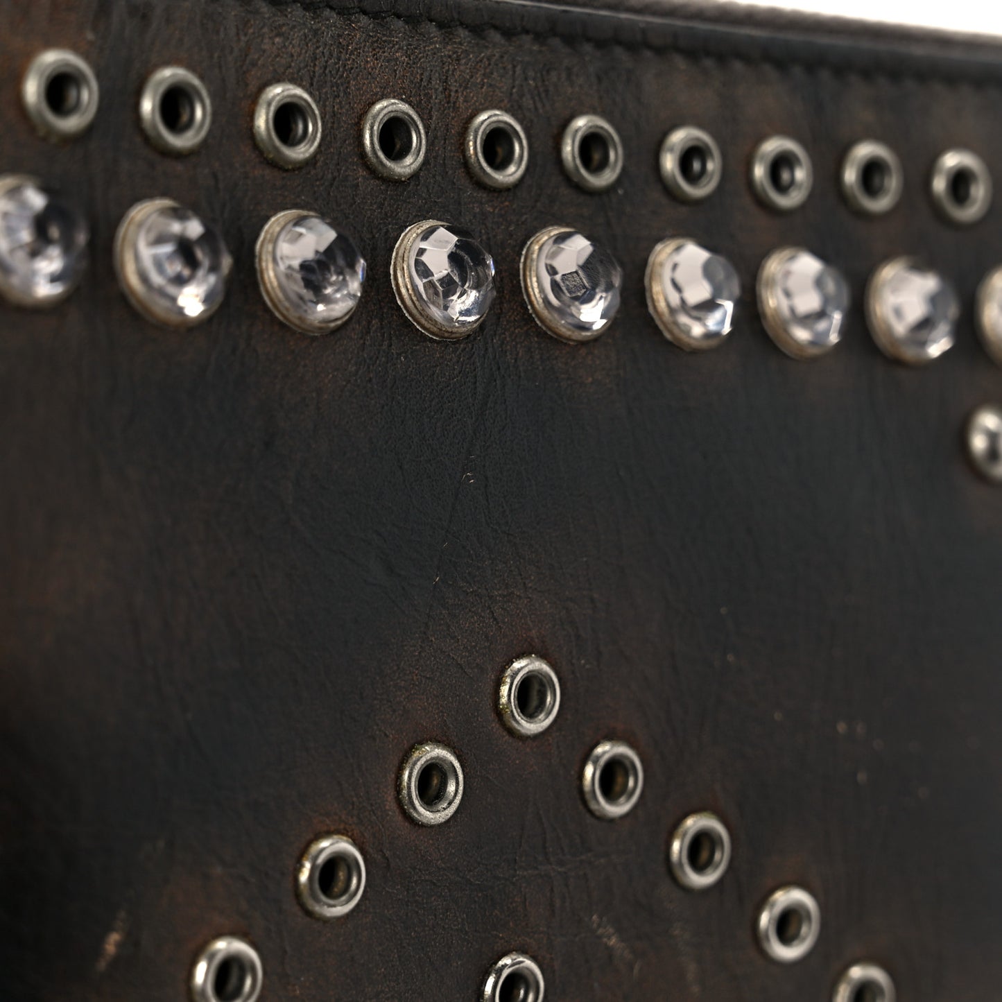Aged Calfskin Grommet Crystal Studded Zip Around Wallet Ebano