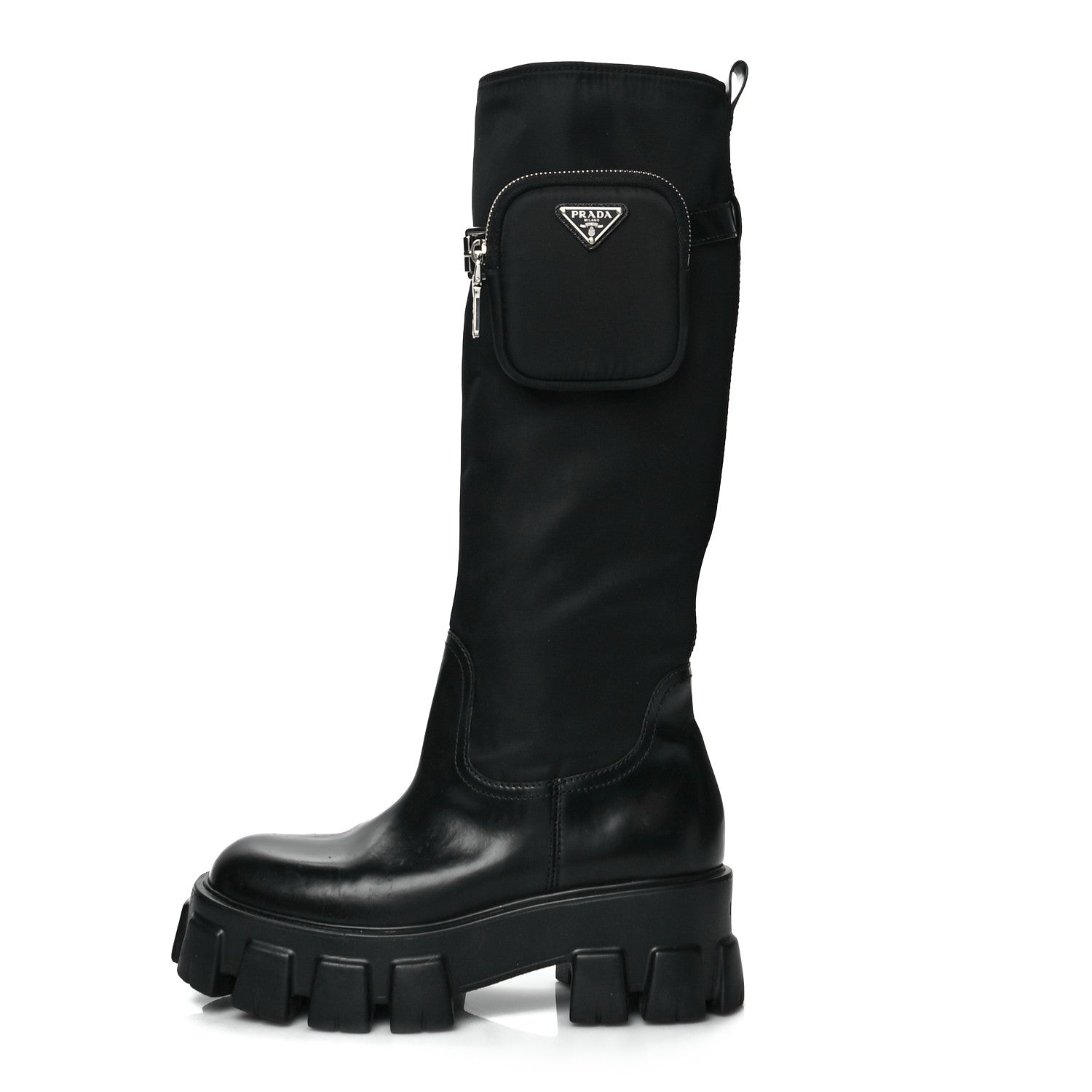 Prada Spazzolato Rois Re-Nylon Metal Triangle Logo Monolith Pouch Pocket 55mm Tall Boots 38 Black 1 of 10