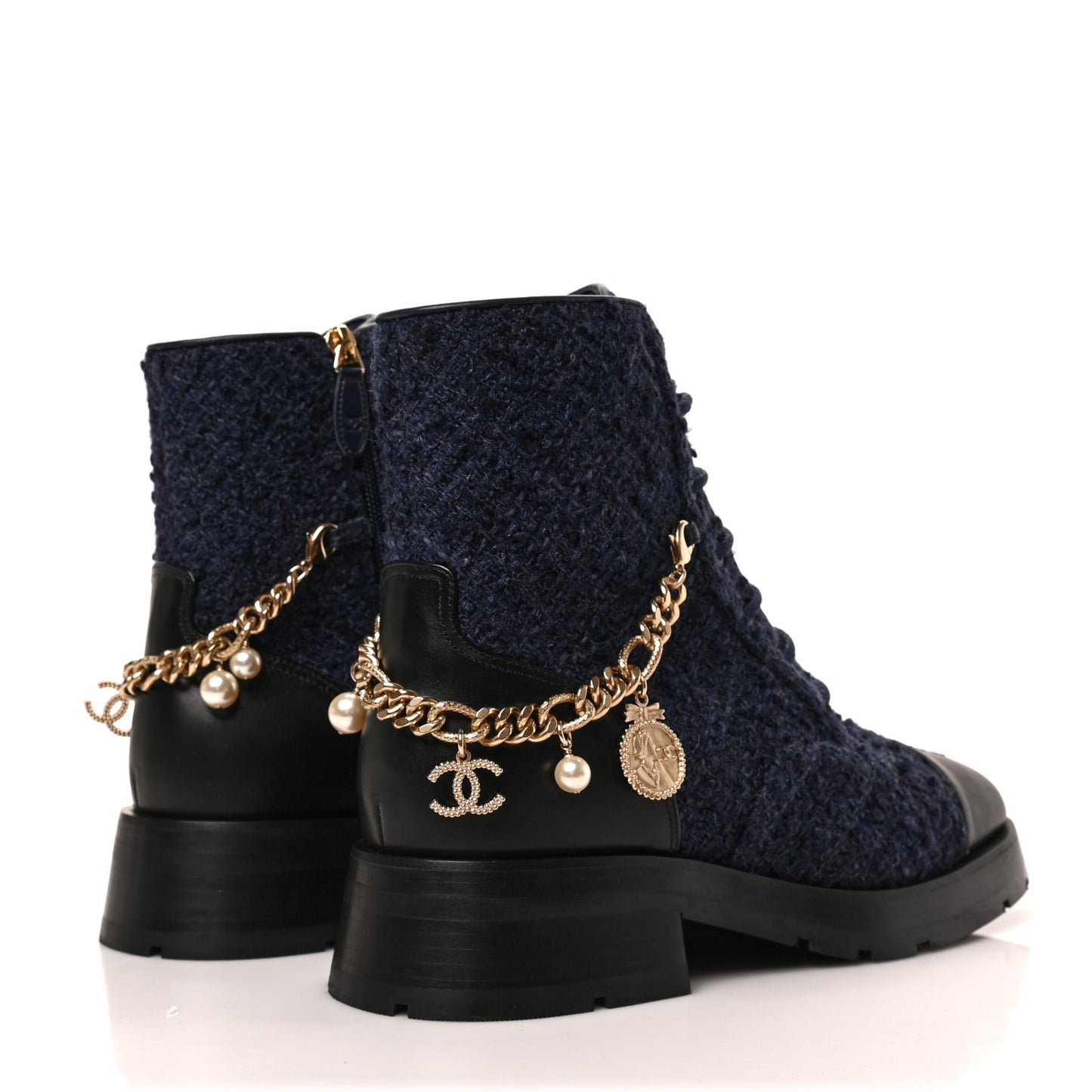 Tweed Calfskin Chain Lace Up Combat Boots 39 Navy Black