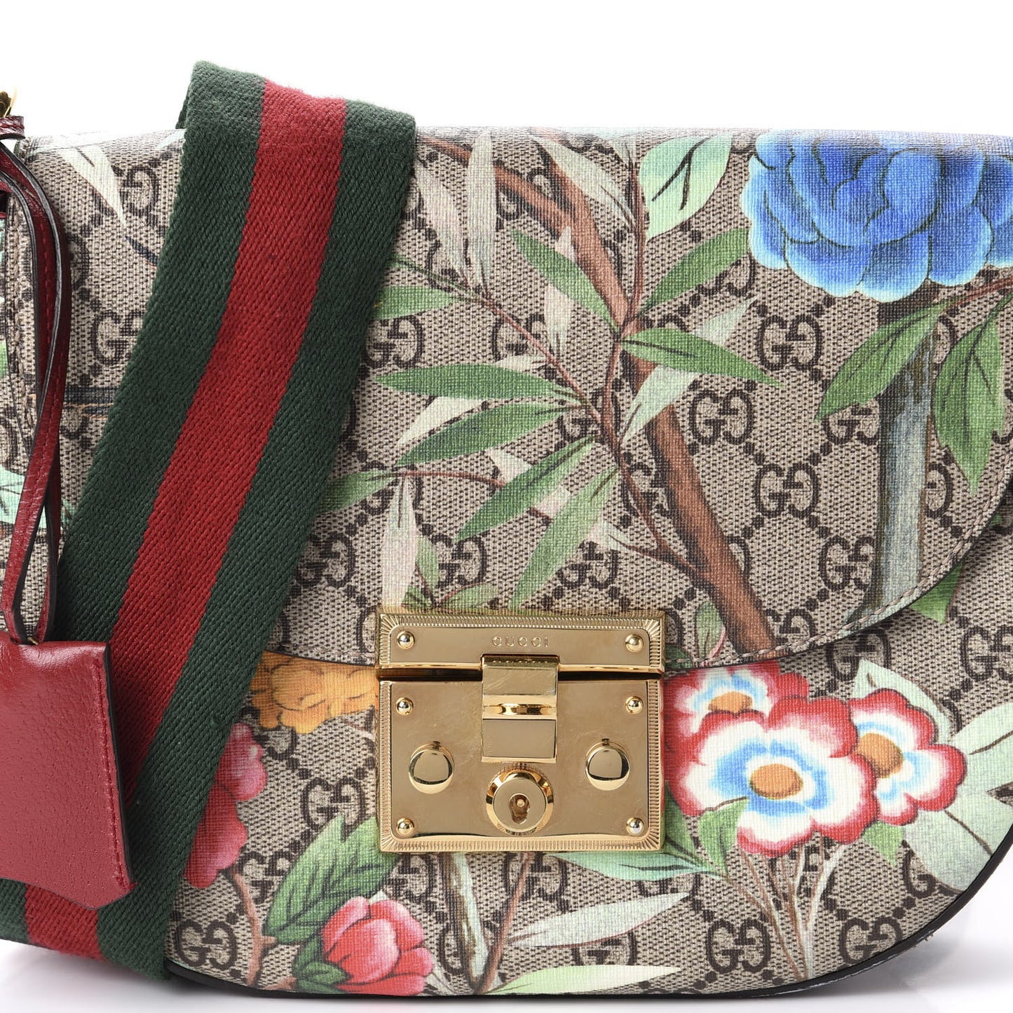 GG Supreme Monogram Tian Web Medium Padlock Messenger Shoulder Bag Beige Multicolor New Acero