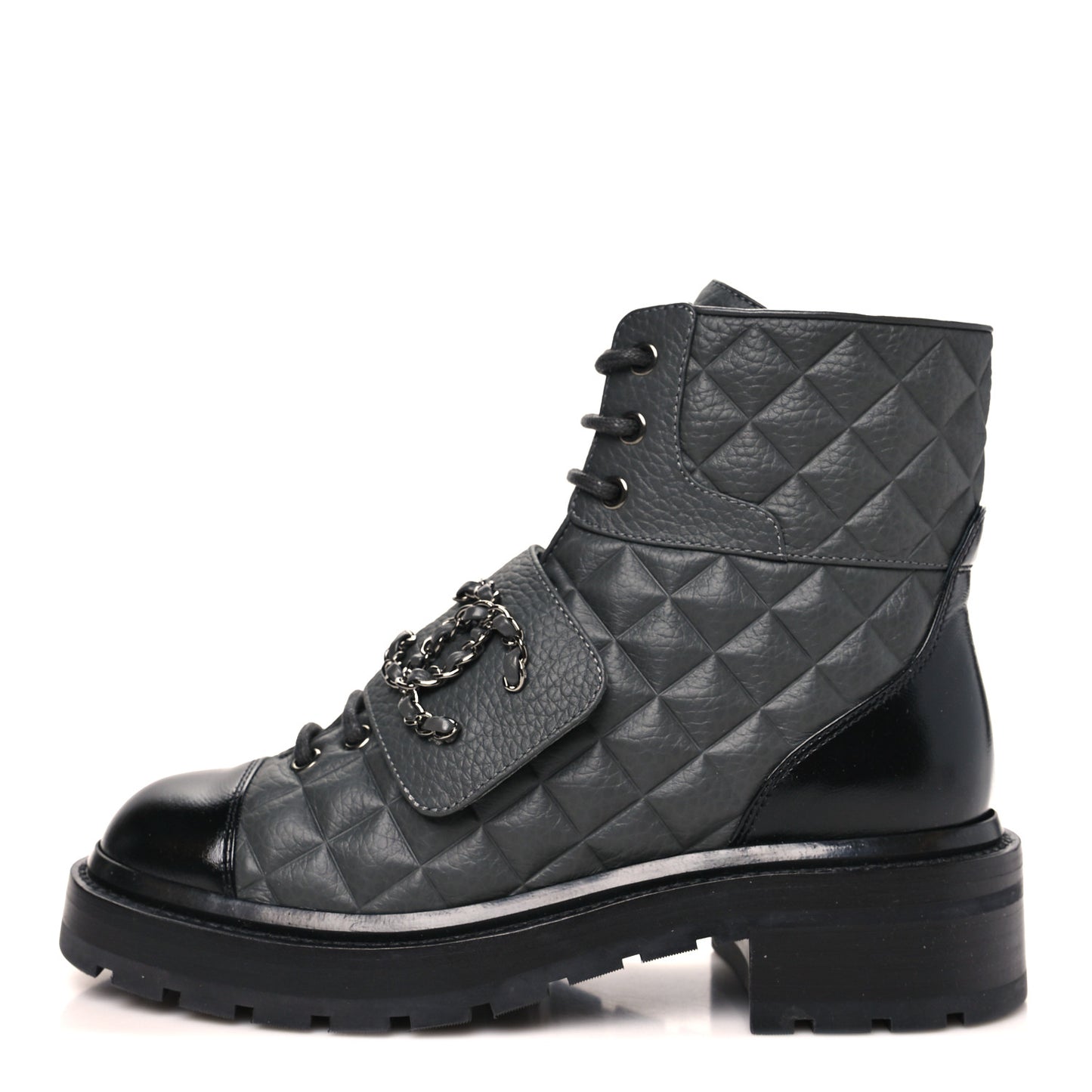 Calfskin Shiny Calfskin Quilted Lace Up Combat Boots 36 Dark Grey Black