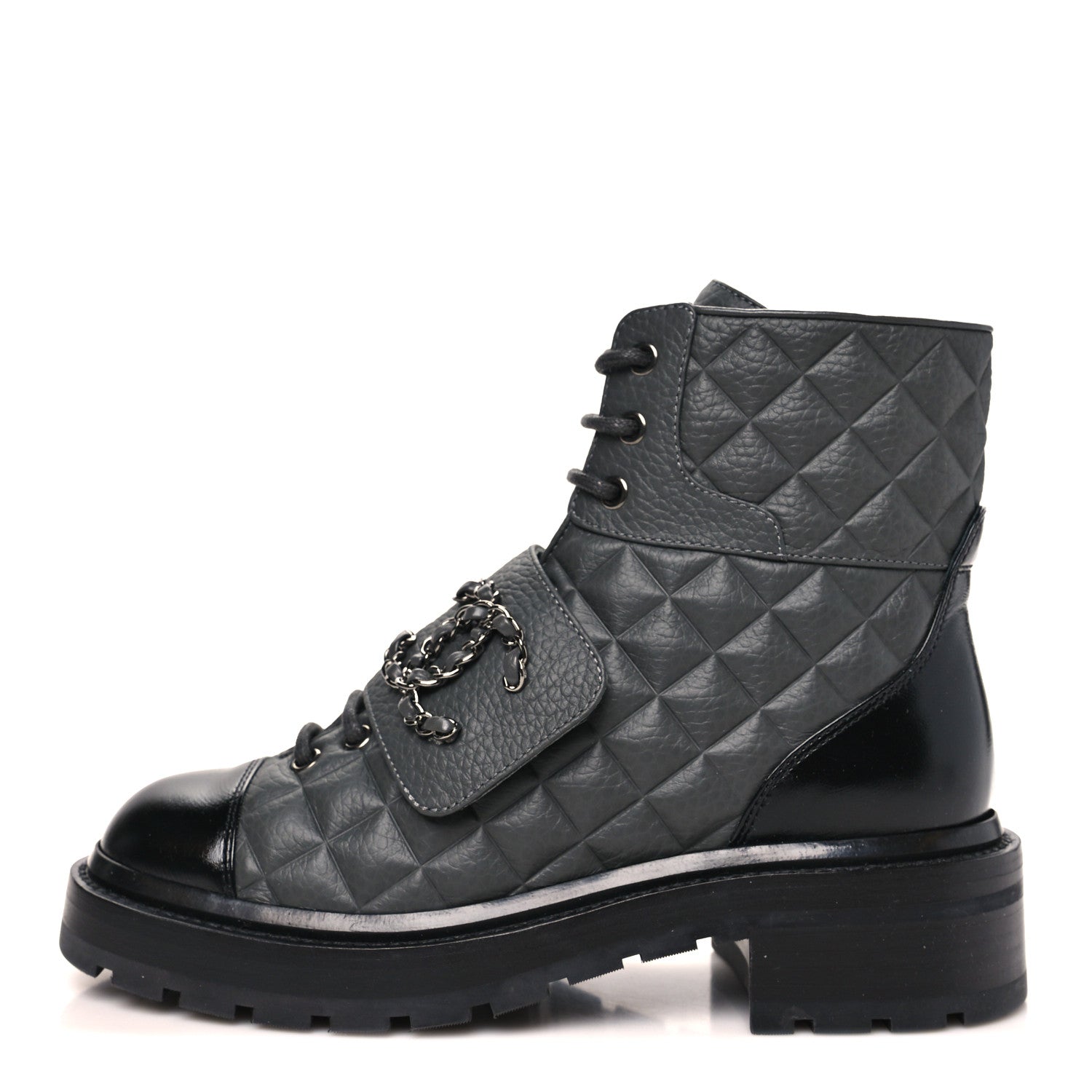 Chanel Calfskin Shiny Calfskin Quilted Lace Up Combat Boots 36 Dark Grey Black 1 of 11