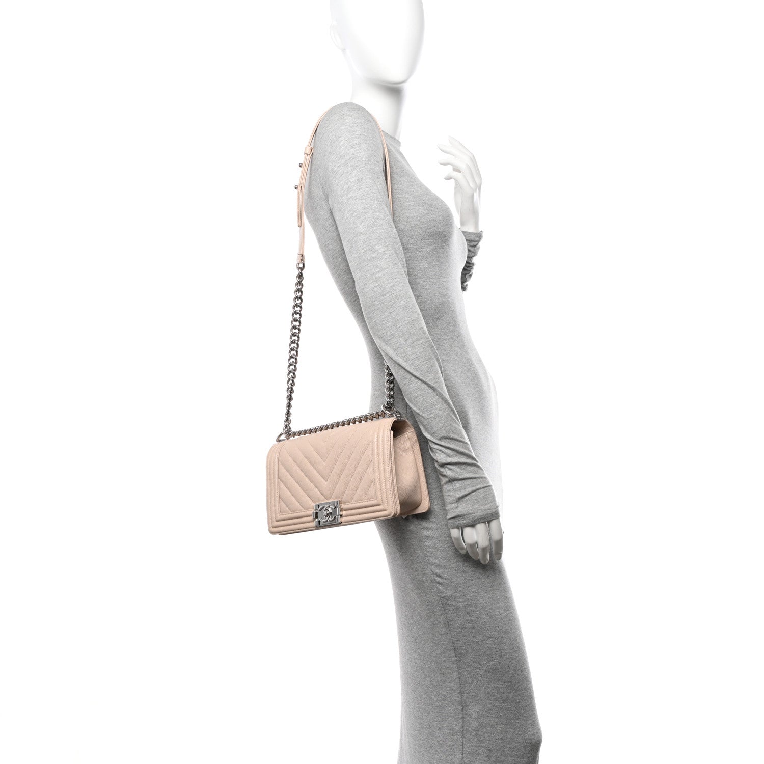 Chanel Caviar Chevron Quilted Medium Boy Flap Light Beige 2 of 11