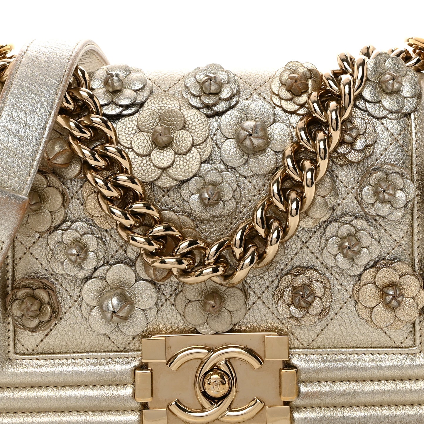 Metallic Calfskin Quilted Camellia Small Boy Flap Gold