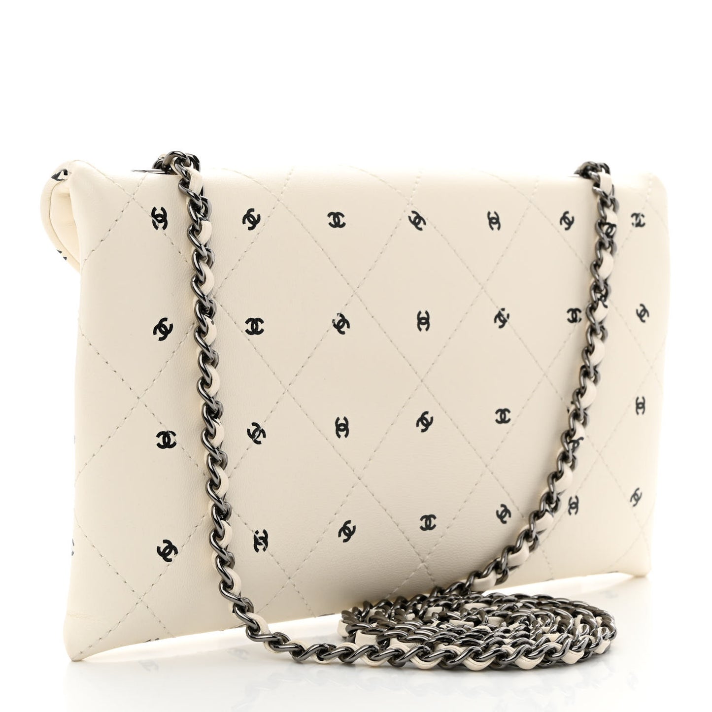 Printed Lambskin Logo CC Envelope Clutch With Chain White