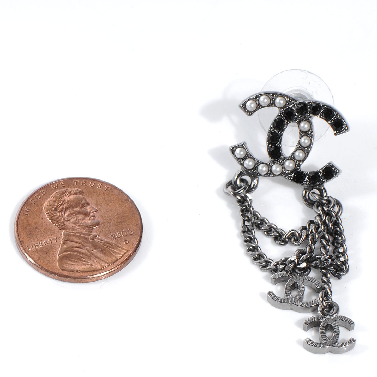 Pearl Beaded CC Chain Earrings Silver