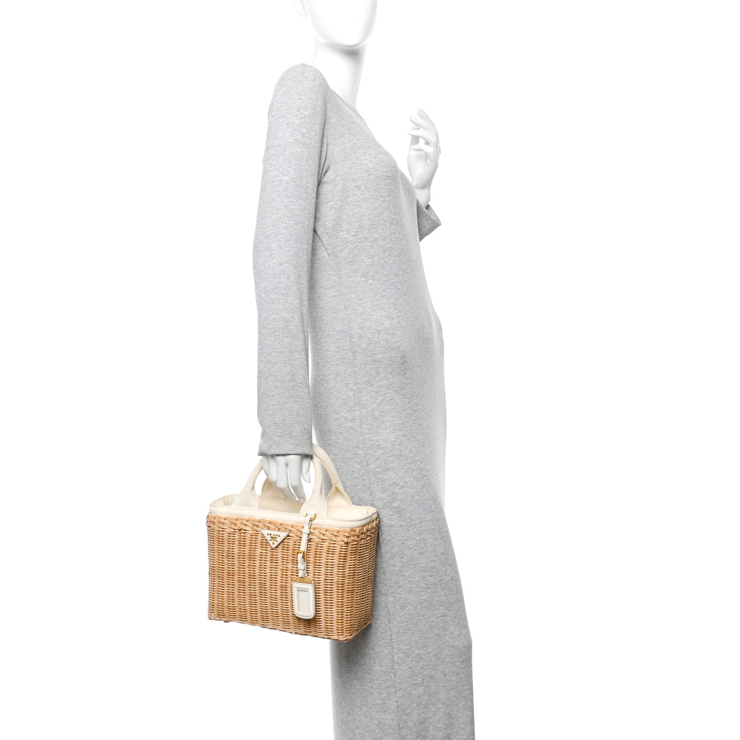 Prada Canvas Wicker Shoulder Bag White Tan 2 of 11