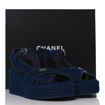 Chanel Cotton Tweed Quilted CC Platform Sandals 39 Navy Blue 9 of 9