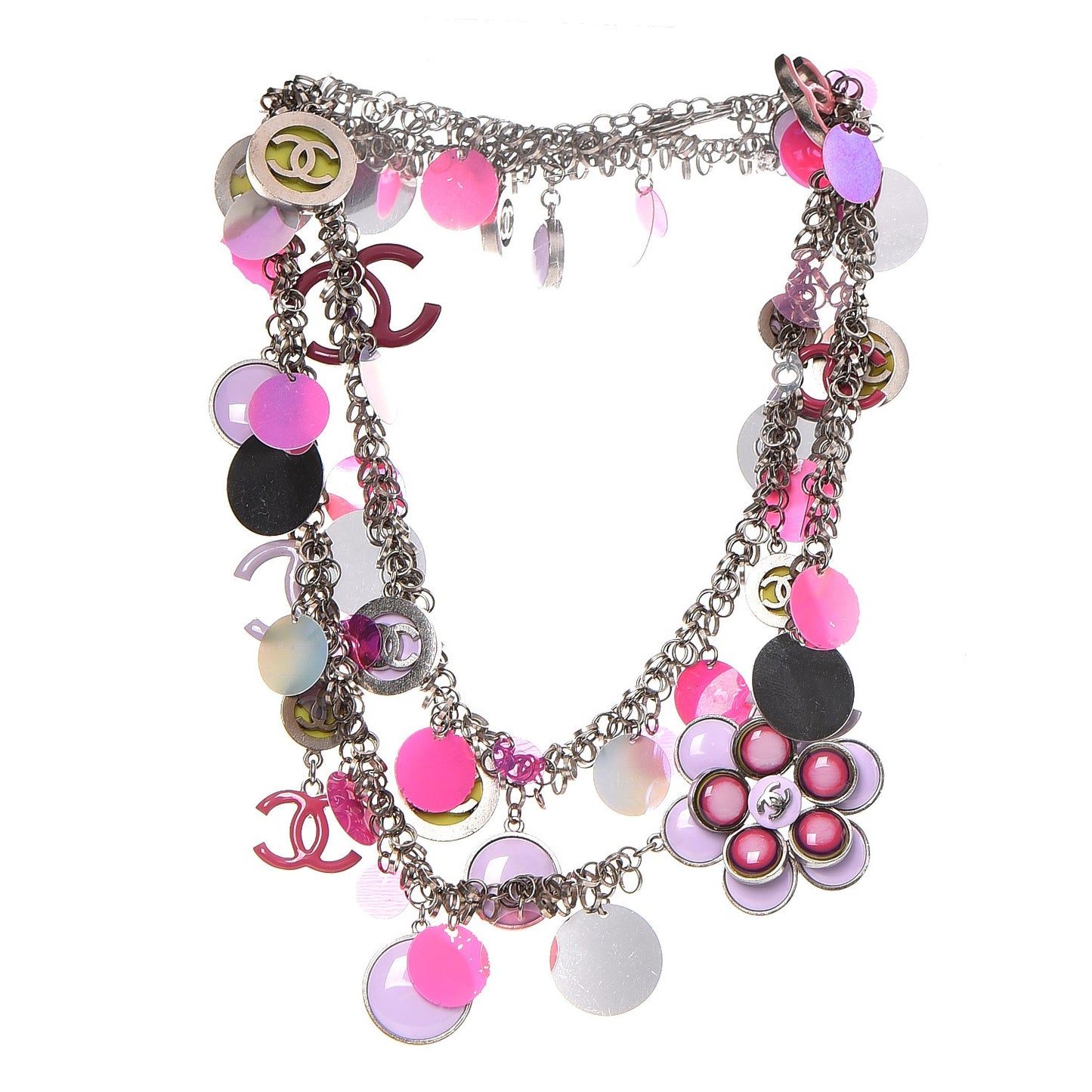 Enamel Plastic Flower Disc CC Necklace Pink Silver