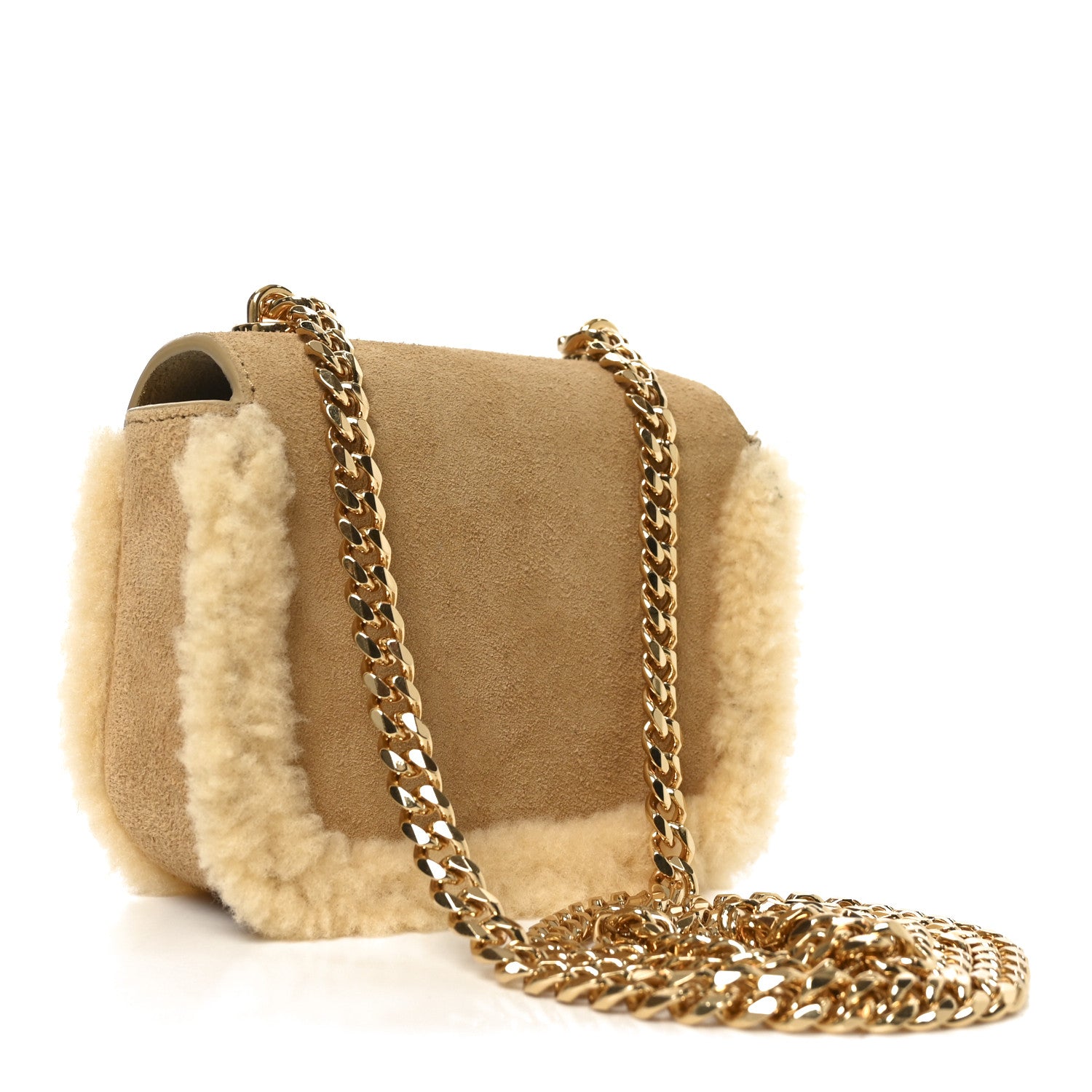 セリーヌ Celine Suede Shearling Triomphe Mini Chain Claude Natural 1855097