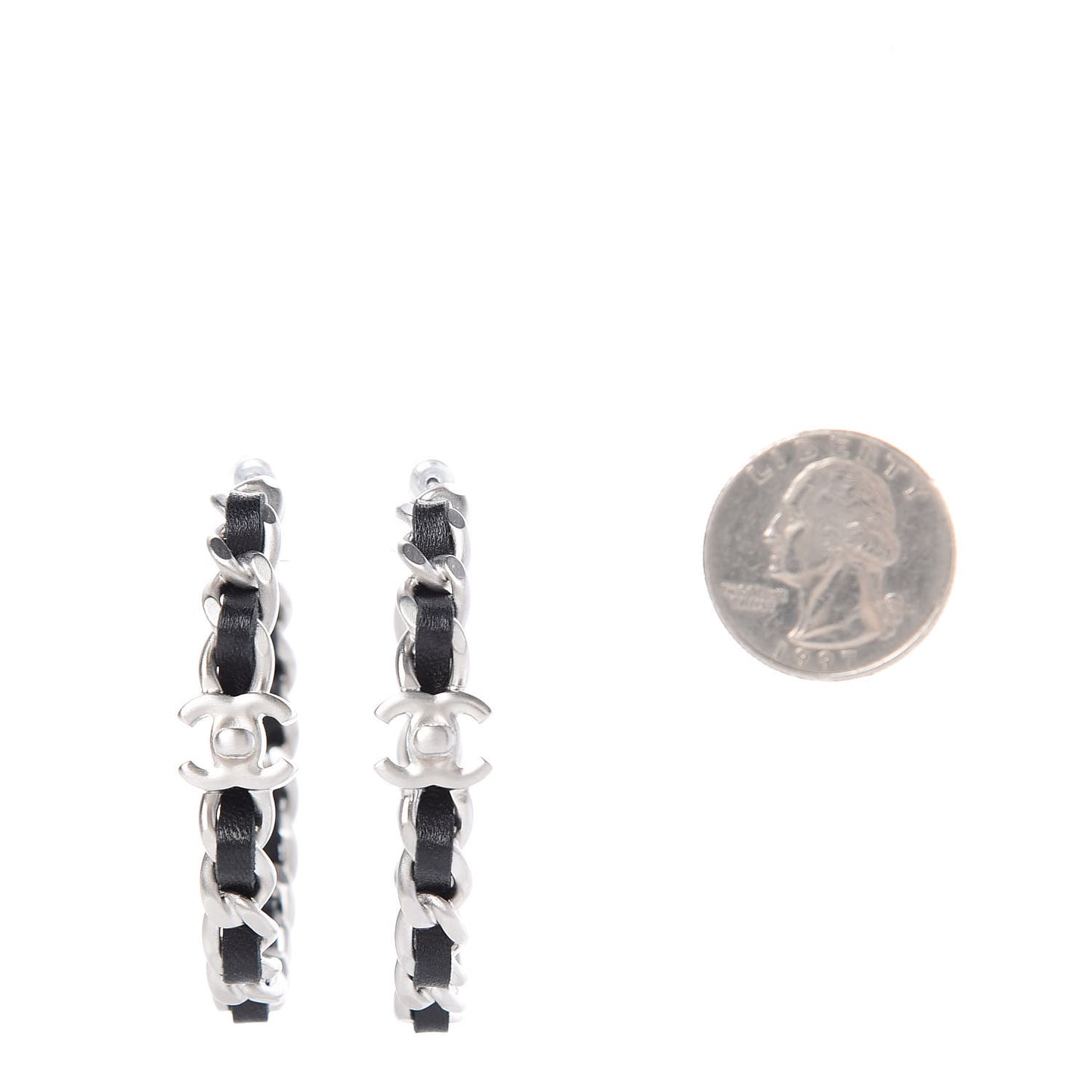 Lambskin CC Turnlock Chain Hoop Earrings Silver Black