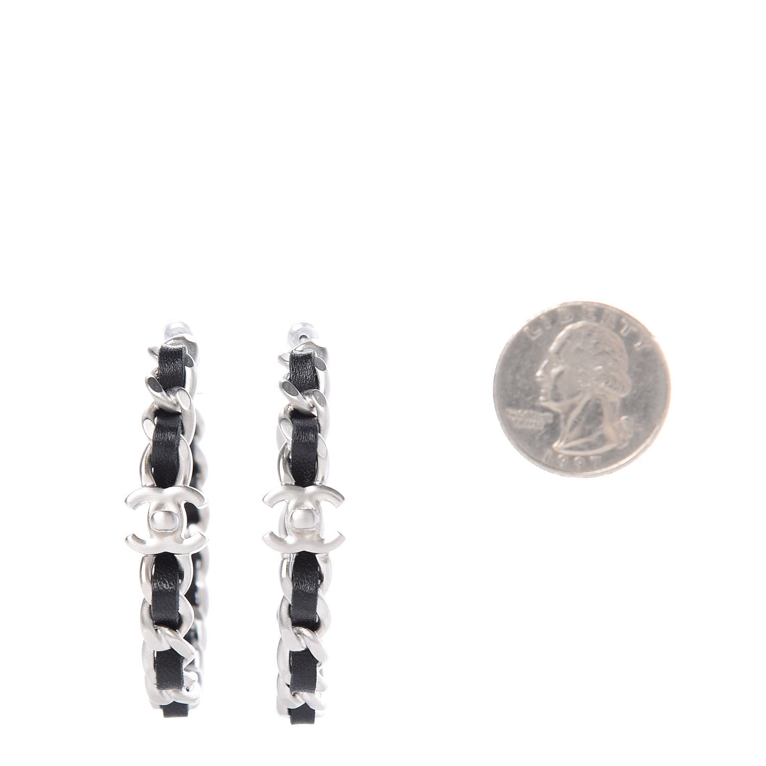 Chanel Lambskin CC Turnlock Chain Hoop Earrings Silver Black 3 of 8