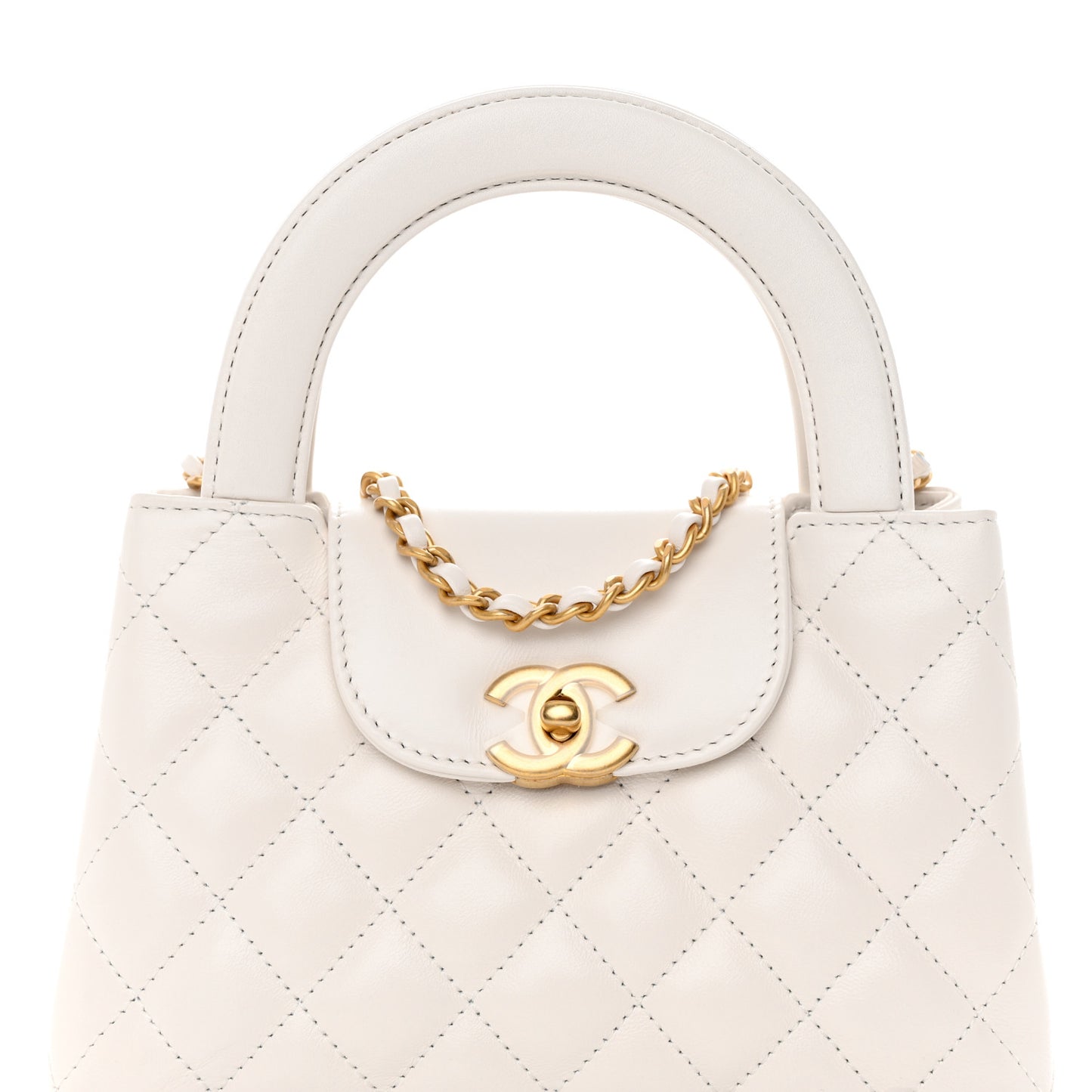 Shiny Aged Calfskin Quilted Nano Kelly Shopper White