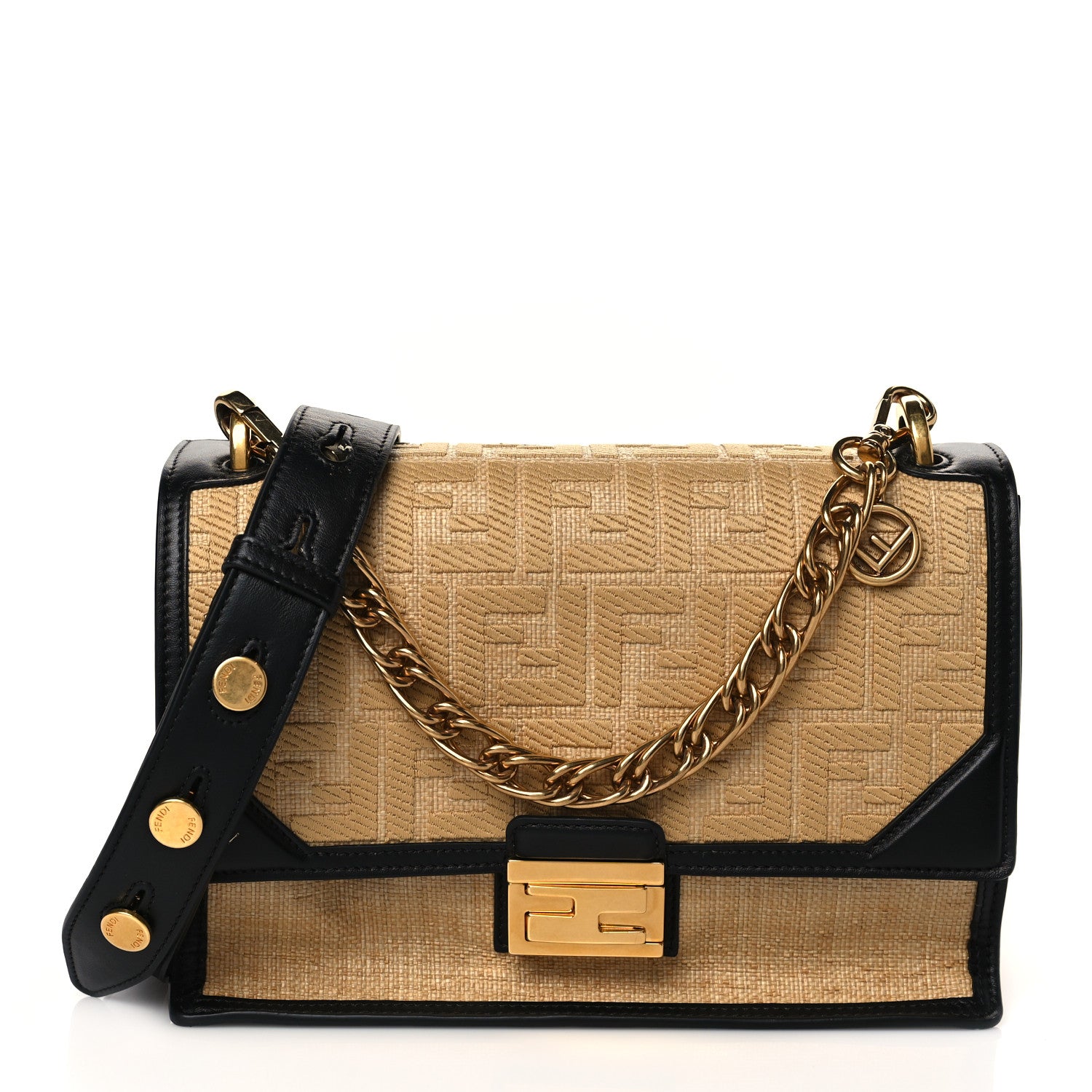 Fendi Raffia Calfskin F is Fendi FF Embroidered Kan U Shoulder Bag Grano Black 1 of 9