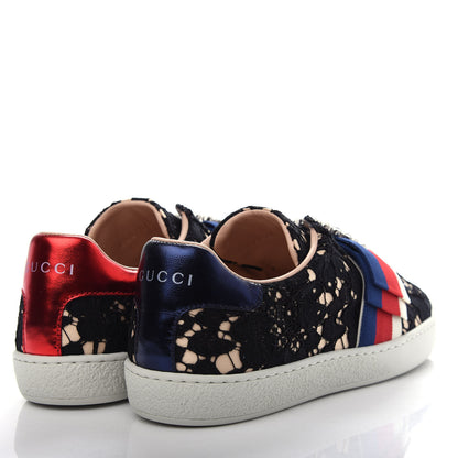 Gucci Lace Crystal Sylvie Web Flower Leaf Womens Ace Sneakers 35.5 Black Tan Beige 4 of 11