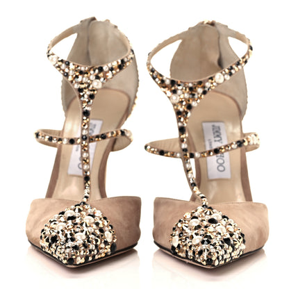 Jimmy Choo Embellished Suede Saoni 100 Pumps 37.5 Beige 3 of 14