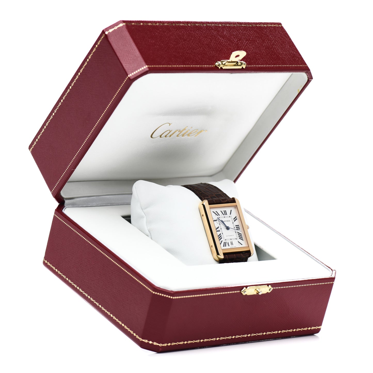 Stainless Steel 18K Pink Gold Alligator 31mm Tank Solo Automatic Watch Brown