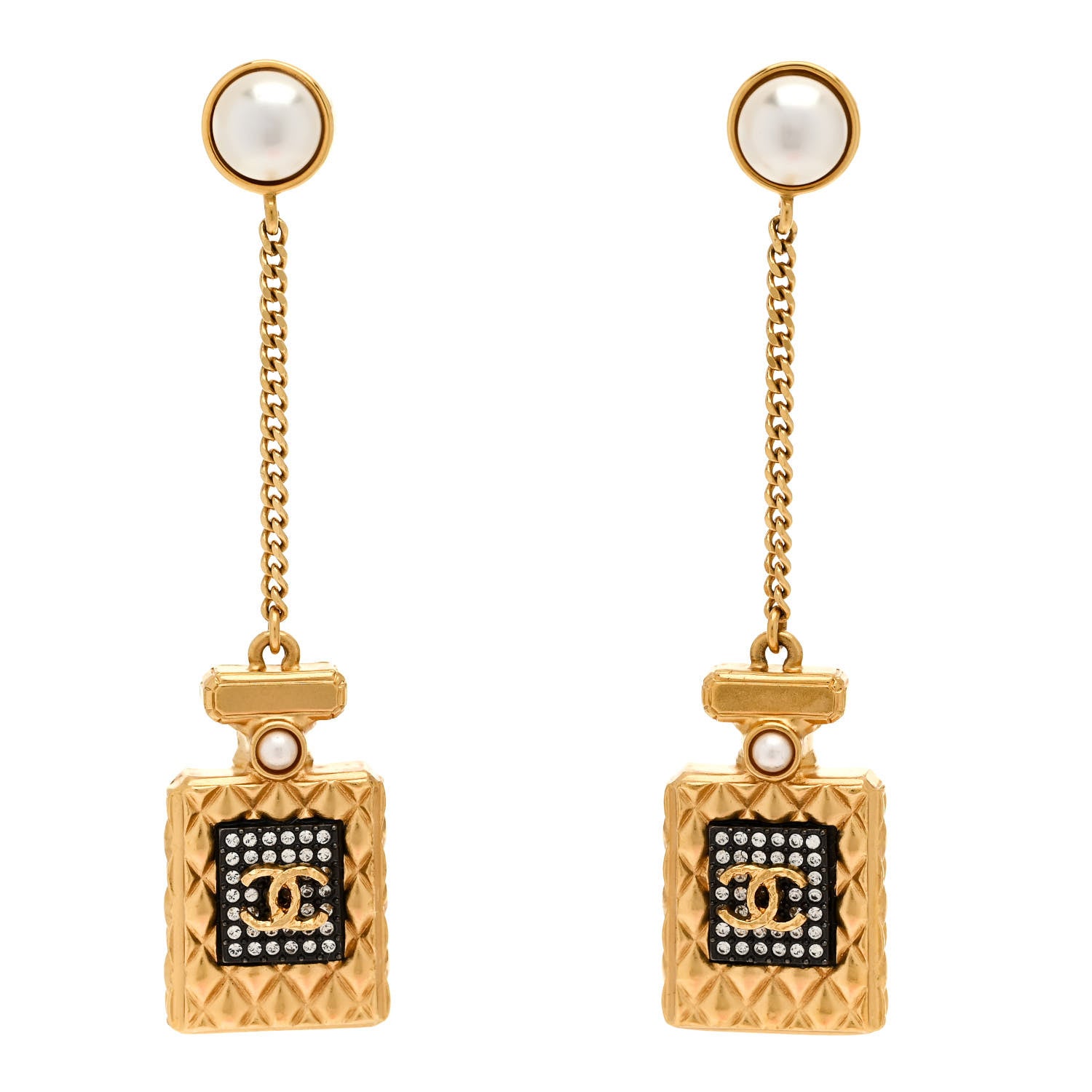 Chanel Crystal Pearl CC Perfume Bottle Chain Drop Earrings Gold 1 of 5