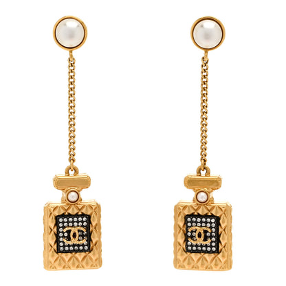 Chanel Crystal Pearl CC Perfume Bottle Chain Drop Earrings Gold 1 of 5