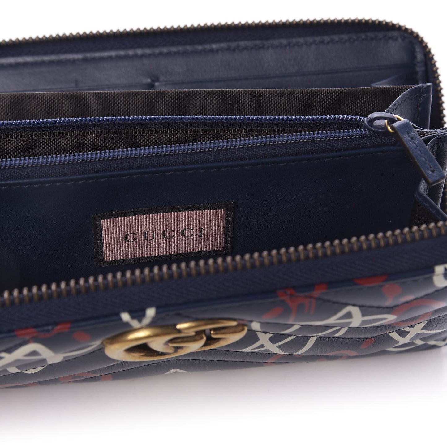 Calfskin Matelasse GucciGhost GG Marmont Zip Around Wallet Blue Agata Hibiscus Red
