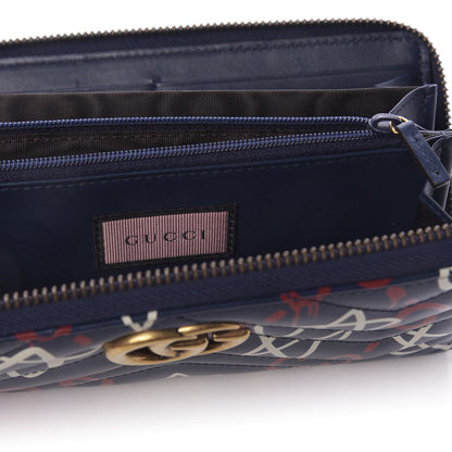 Gucci Calfskin Matelasse GucciGhost GG Marmont Zip Around Wallet Blue Agata Hibiscus Red 9 of 10
