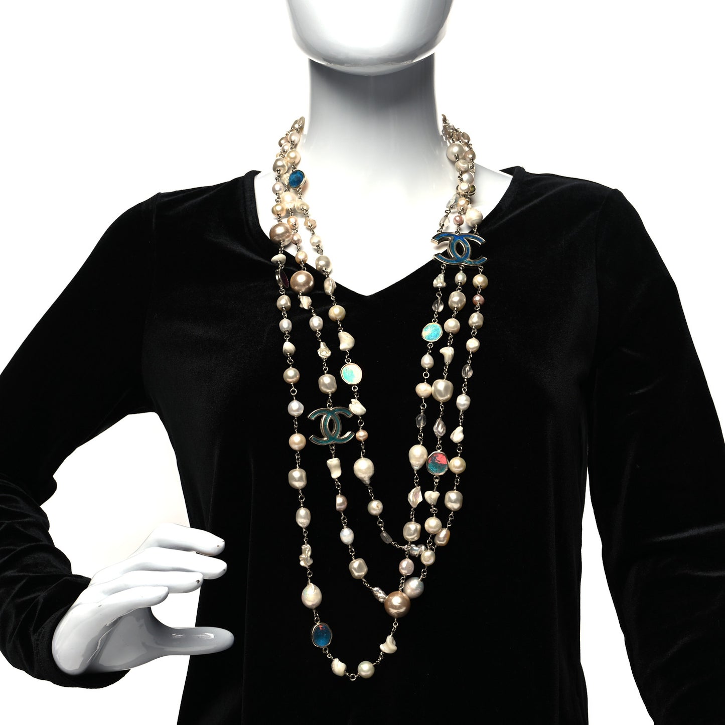 Pearl Beaded Enamel CC Long Necklace Gold Multicolor