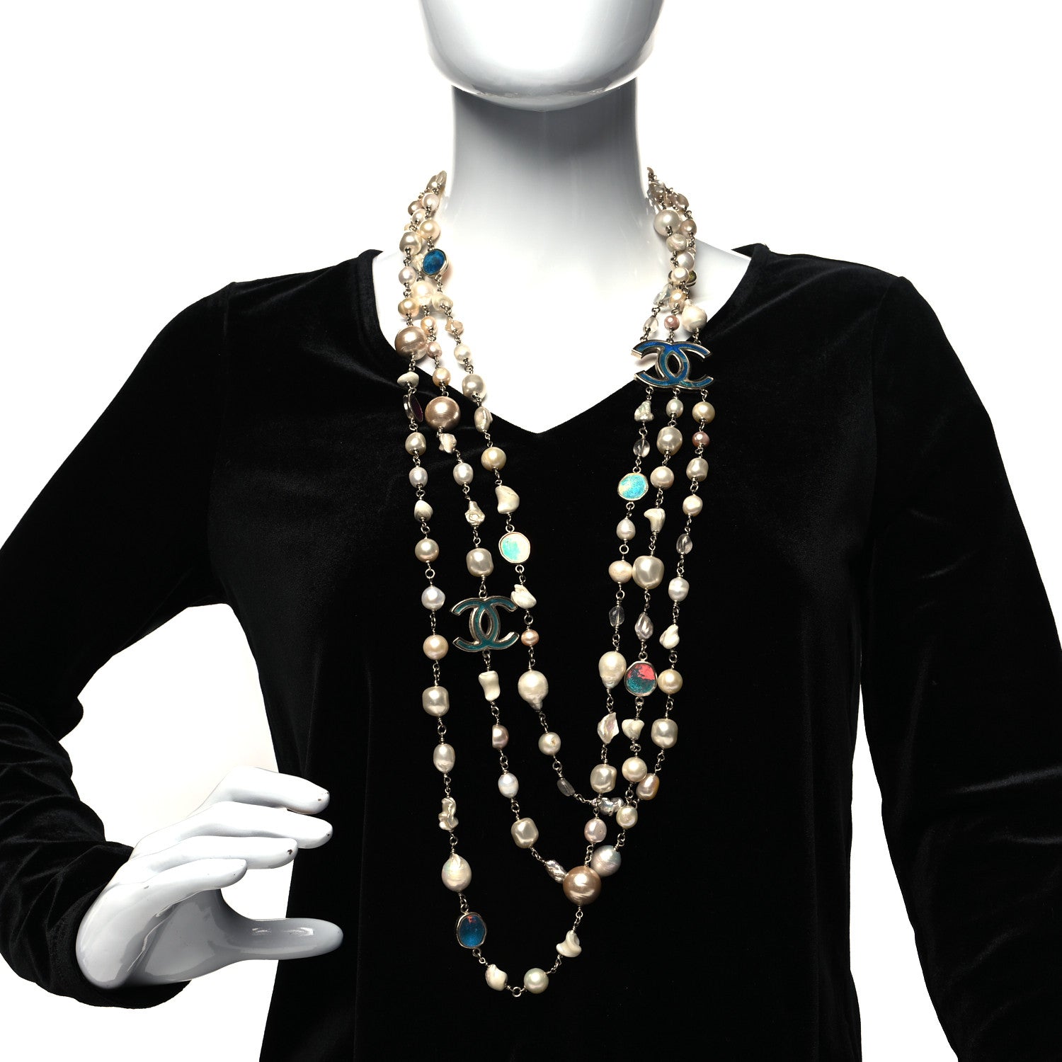 Chanel Pearl Beaded Enamel CC Long Necklace Gold Multicolor 2 of 5