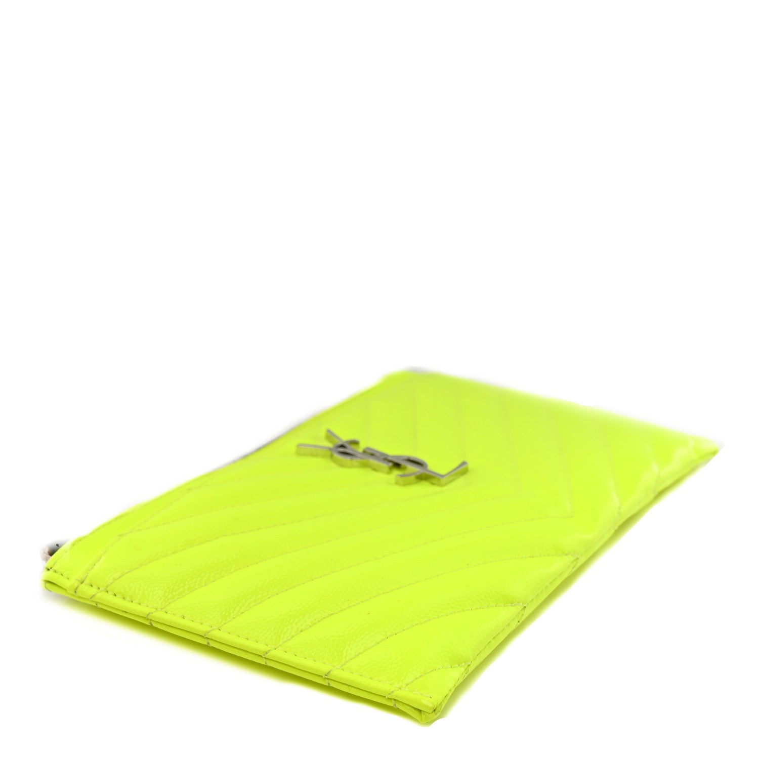 Saint Laurent Patent Grain De Poudre Matelasse Chevron Monogram Bill Pouch Neon Yellow 4 of 8