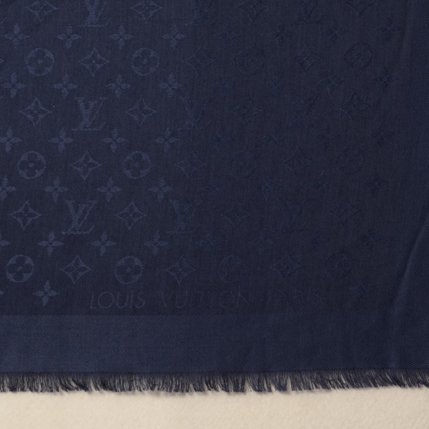 Wool Silk Monogram Shawl Blue Nuit
