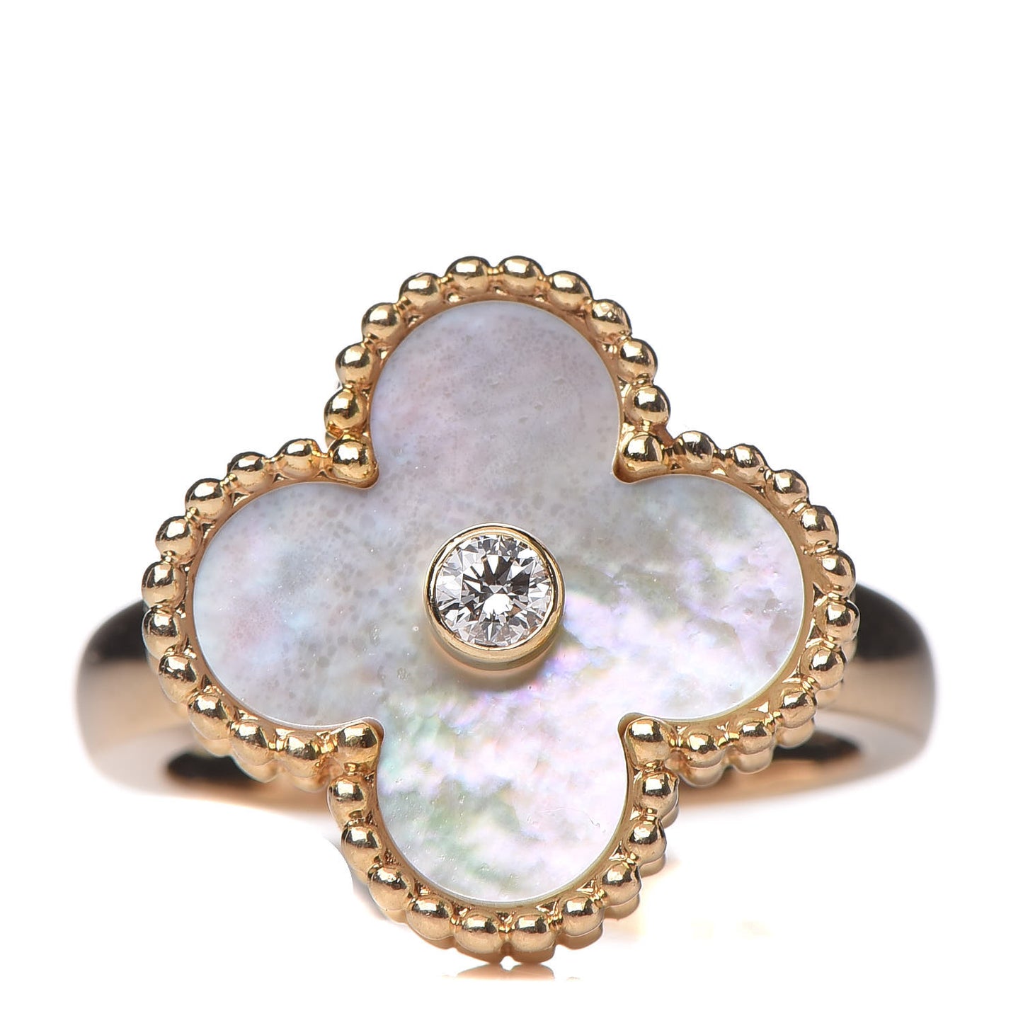 18K Yellow Gold Diamond Mother of Pearl Vintage Alhambra Ring 47 4