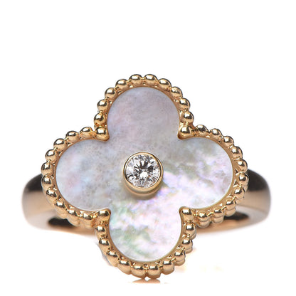 Van Cleef & Arpels 18K Yellow Gold Diamond Mother of Pearl Vintage Alhambra Ring 47 4 1 of 5