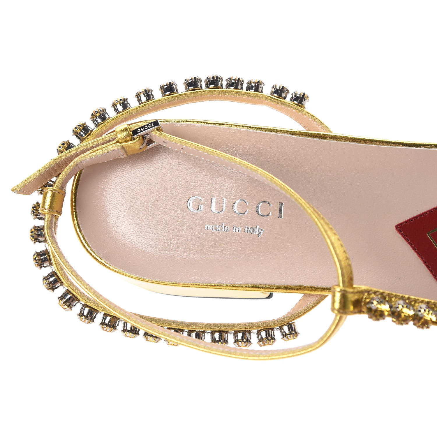 Gucci Nappa Silk Crystal Bertie T-Strap Low Heel Sandals 36.5 Gold 6 of 9