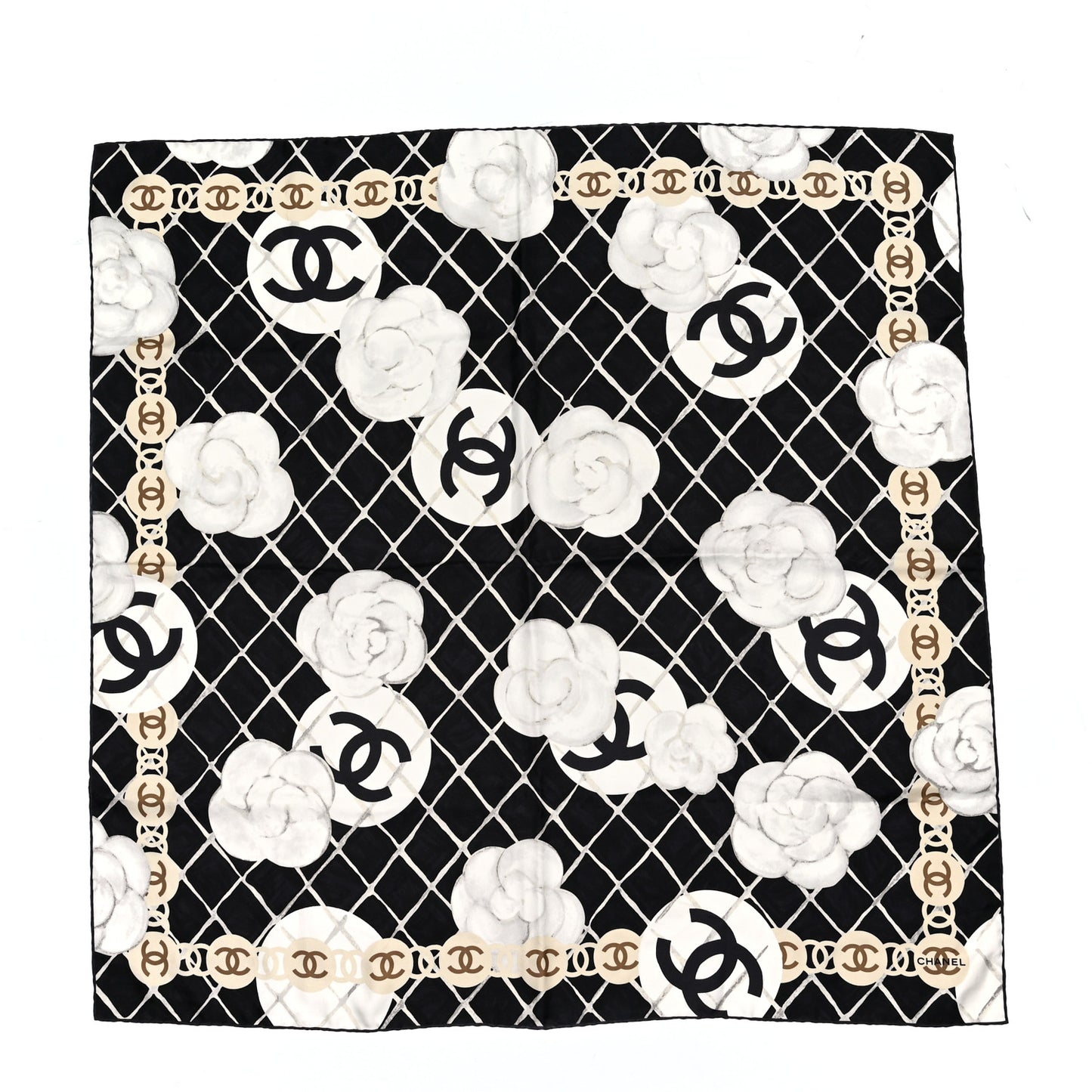 Silk Camellia CC Square Scarf Black
