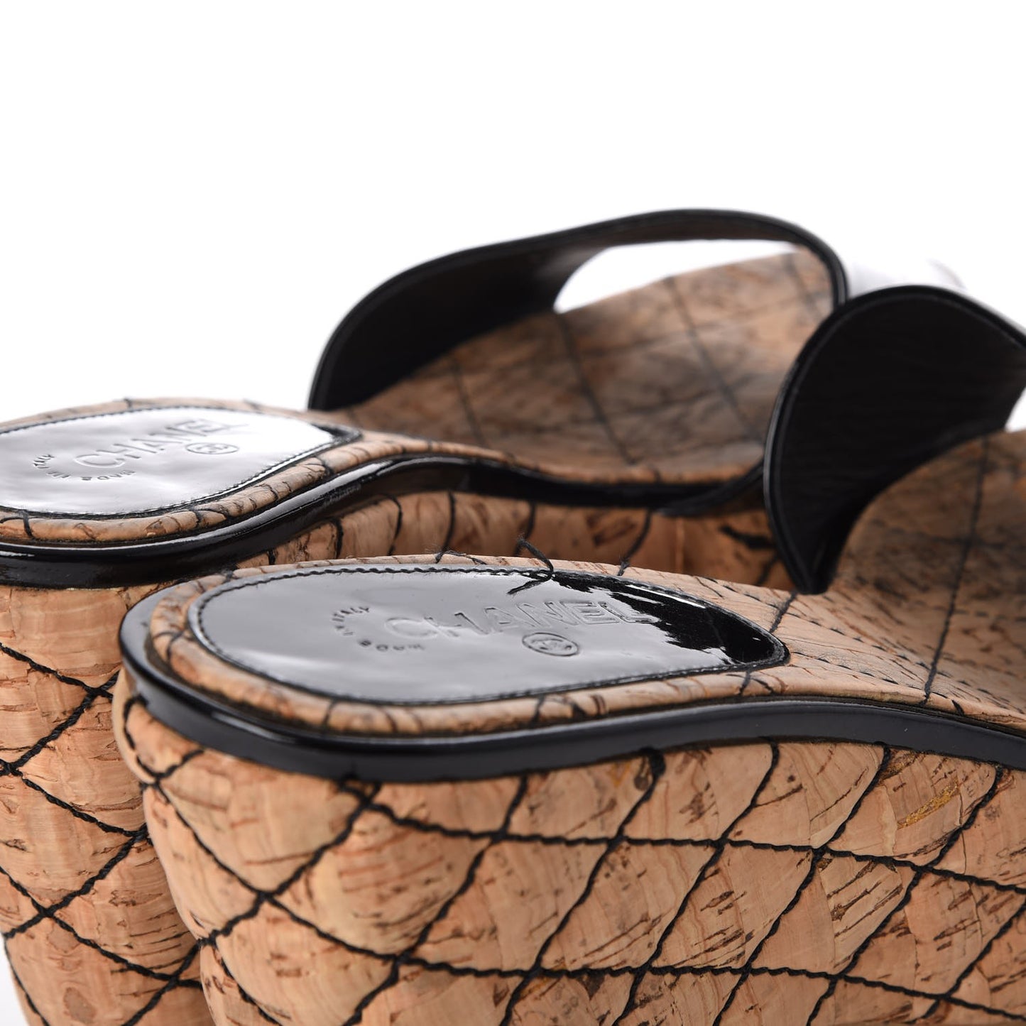 Patent Cork Quilted CC Wedge Mule Sandals 38 Black