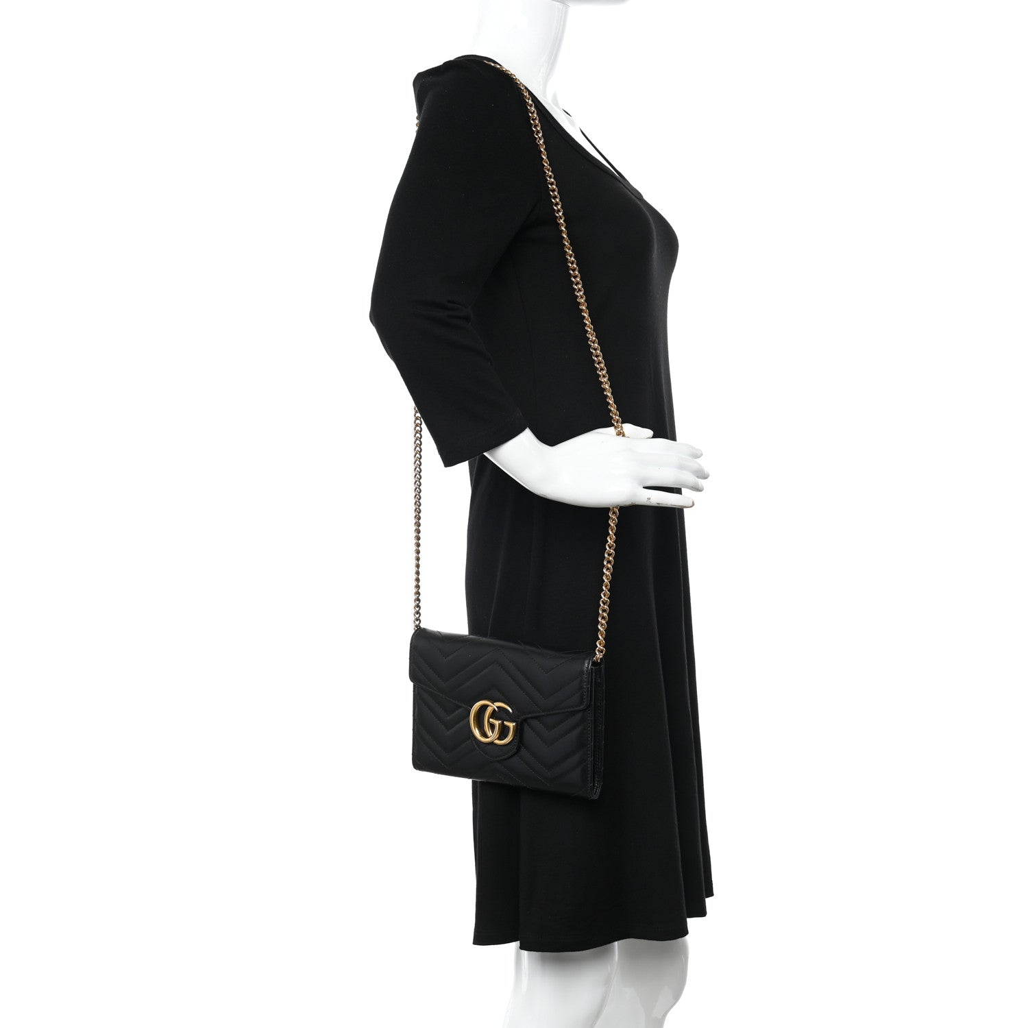 Gucci Calfskin Matelasse Mini GG Marmont Chain Wallet Black 2 of 10
