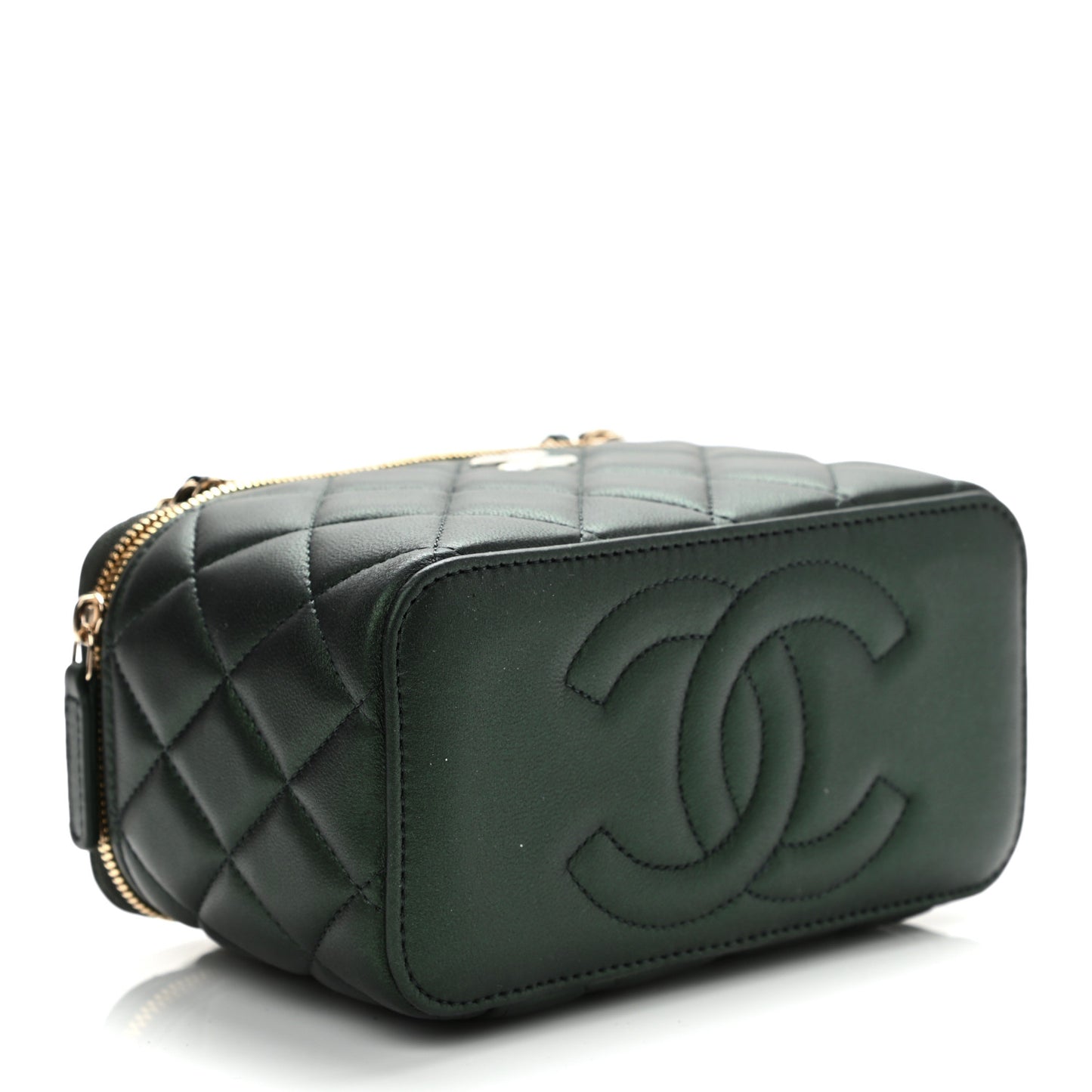 Iridescent Lambskin Quilted Small Top Handle Vanity Case With Chain Green